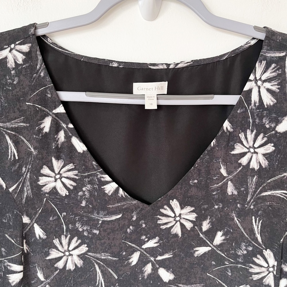 Garnet‎ Hill Summer Day V Neck Drop Waist Dress Black Floral Women 18 Fall - Picture 9 of 14